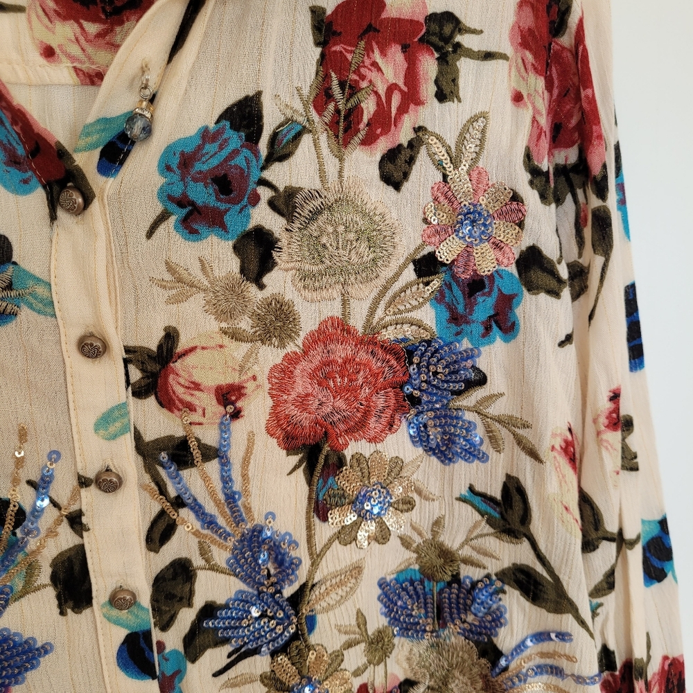 ARATTA Silent Journey Velvet Cream Floral Top Embroidered Sequines Boho Country - Picture 10 of 15